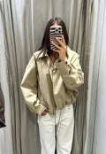 Khaki Hooded Cropped Jacket Faux Two‑inner Zip‑up Plaid Fabric Drawstring Bottom Women Coats Spring Autumn Casual Daily Outfits