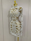 New High-end Elegant Evening Gown AB Rhinestones Pearls Luxury Long Sleeves Mesh Dress Women Cocktail Party Wedding Costume