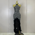 Luxury Sparkly Diamonds Feathers Black Halter Asymmetry Long Dress Women Sexy Sleeveless Backless Evening Party Birthday Dresses