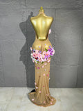 3D Floral Rhinestone Halter Maxi Bodysuit Dress Women Deep V Mesh See-Through Long Gown Carnival Rave Festival Performance Costume