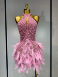 Luxury Rhinestones Pearls Halter Backless Short Feathers Dress Women Sexy Celebrate Birthday Dress Performance Dance Costume
