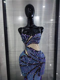 Purple Shining Rhinestones Women Sexy Strapless Mesh See Through Bodycon Long Maxi Dress Celebrate Nightclub Party Birthday Wear