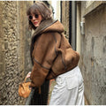 Brown Suede Shearling Lined Hooded Cropped Jacket Women's Bomber Coat  Warm Winter Outerwear Fashion High Street Lady Outfit