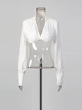 Chic White Two Piece Sets for Women Lapel Long Sleeves Crop Top Irregular Waist Maxi Skirt Set for Art Exhibition