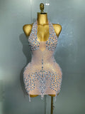 Sexy Sparkly Rhinestones Halter Backless Mesh Velour Short Dress Women Evening Prom Celebrate Birthday Party Stage Wear