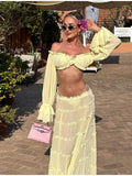 Sexy Off Shoulder Top Maxi Skirt Sets Chic Ruffled Sheer Chiffon Crop Tops High Waist Skirt 2026 New Lady Vacation Party Outfit