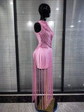 Pink Skyblue Women Sexy O-Neck Bodycon Bandage Long Tassels Gowns Dress Elegant Evening Party Birthday Homecoming Outfit