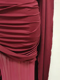 Luxurious Blue Diagonal Collar Sheer Mesh Maxi Dress for Women Off One Shoulder Cape Sleeves Ruched Waist for Dinner Party