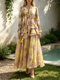 French Vacation Style Floral Print Dress for Women Tie Neck Waist Belt Asymmetrical Ruffle Hem Skirt for Outdoor Photoshoot