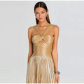 Women's Halter Crisscross Cutout Front Pleated Metallic Maxi Dress Slim Waist Backless New Wide Flare Skirts Floor Length Party