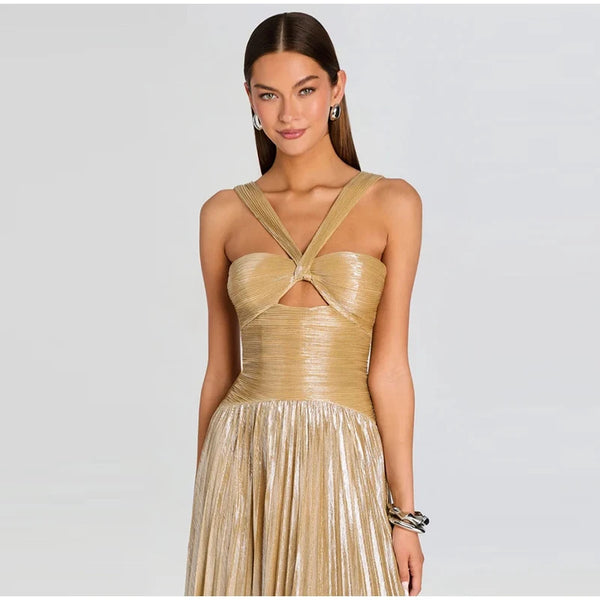 Women's Halter Crisscross Cutout Front Pleated Metallic Maxi Dress Slim Waist Backless New Wide Flare Skirts Floor Length Party