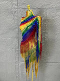 Luxurious Rainbow Fringe Dress with Rhinestone Detail and Single Sleeve Ideal Nightclub Women Carnival Party Rave Outfit