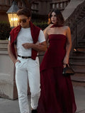 Brown Glitter Chiffon Tiered Maxi Dress Elegant One Shoulder Square Neck Flowy dresses 2026 Summer Formal Wedding  Party gowns