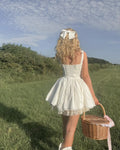 Elegant Lace Corset Casual White Short Ballet Dress Square Collar A-line Bandage Mini Dresses Sweet Y2K Black 2025 Summer New In