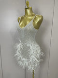 Luxury Sparkling Diamond Feather Sexy V-Neck Sequined Halter Mini Dress 2026 New Women Celebrate Birthday Party Cocktail Dreses