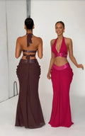 Women Metallic Trim 2 Piece Set Halter Deep V Cutout Crop Top High Waist Ruched Draped Mermaid Skirt Suit Lady Evening Outfit