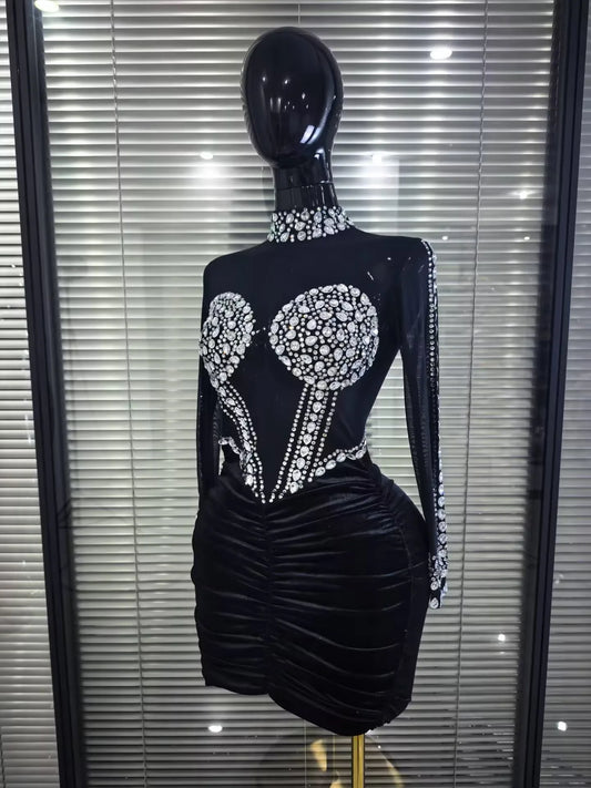 Shining Crystal Women Long Sleeve Sexy Velvet Bodycon Mini Dress Elegant Evening Party Celebrate Birthday Photoshoot Wear