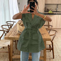 Summer Sleeveless Work Shirt Multi-Pocket Belted Loose Top For Women Lapel Collar Button Fashion Solid Color Cardigan Top