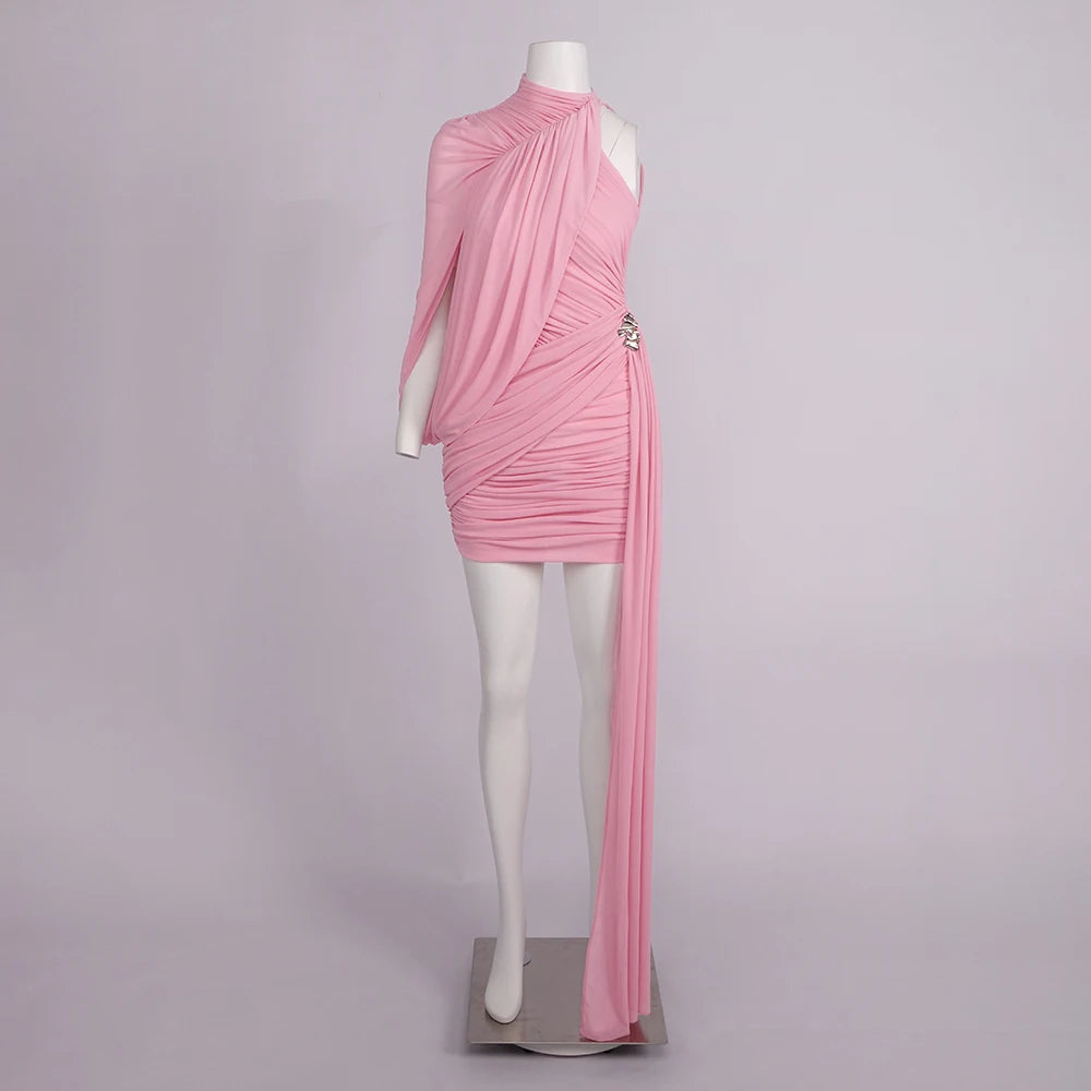Pink Turtleneck Sleeveless Sexy Mini Dress For Women Fashion Irregular Folds Short Dress Femme Elegant Club Party Dress
