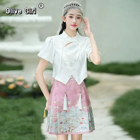 Olive Girl Red Embroidered Ma Mian Skirt for Ren Faire 2026 Garden Wedding Fairycore Photoshoot Everyday Wear S-XL XS-3XL Plus Size Hand Embroidered Dramatic Silhouette Romantic Garden Party Editorial Not Costume Chinese Heritage Fashion Women