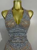 Sexy Sparkly Rhinestone Sleeveless Mesh See Through Mini Dress Luxury Birthday Dress Celebrate Party Club PhotoShoot Stage Wear