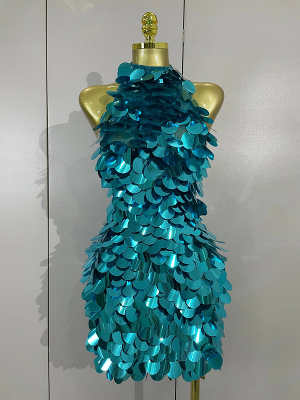Sexy Shiny Round Sequins Halter Backless Mesh Mini Dress Women Celebrate Eveing Party Club Luxury Birthday Nightclub Stage Wear