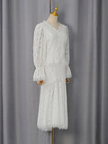 White High End Two Piece Set for Women V Neck Long Sleeve Slimming Top High Waist Asymmetrical Long Skirt Luxury Suit Female