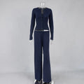 White Ribbed Knit Two Piece Set for Women Slim Button Accent Cardiagns Low Waist Loose Pant Suit for Casual Outings