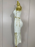 Women Celebrate Evening Prom Birthday Party Dress Vestido Elegance White Metal Buckle O Neck Sleeveless Bodycon Bandage Dress
