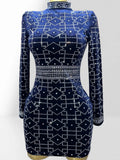 Women's Autumn Winter Rhombus Rhinestone Waist-Hugging Blue Velvet Dress Glam Luxury Party Evening Stage Performance Gown Dress