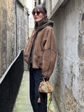 Brown Suede Shearling Lined Hooded Cropped Jacket Women's Bomber Coat  Warm Winter Outerwear Fashion High Street Lady Outfit