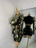 Sparkly Sequined Mirrors Technological High Street Short Summer Three Pieces Dress Sexy Stage Women Outfit Singer Show Wear