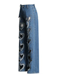 Fashion Women Jeans High Waist Heart Connectivity Contrast Color Hollow Out Straight Denim Pants 2024 New