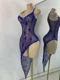 Sparkly Gold Design Evening Party Dress Luxury Rhinestones See Through Sexy Women's Clothing Mesh Stretch Birthday Dresses
