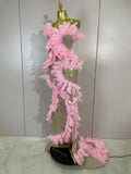 Women Evening Party Birthday Night Club PromGown Sexy Stage Wear Sparkly Sequins Pink Feather Mesh Sleeveless Mermaid Maxi Dres