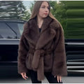 Solid Fashionable Fuax Fur Jacket for Women Lapel Long Sleeves Slim Spliced Lace Up Coat Female Winter Clothing New