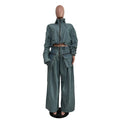 Denim Women's Set Ruched Long Sleeve Jacket and Pocket Front Loose Jeans Pants Two 2 Piece Sets Outfits Tracksuit