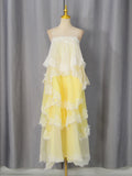 Gradient Color Runway Spaghetti Strap Maxi Dress for Women Strapless Spliced Ruffles Sweet Lace Edge Cake Dresses Female New