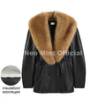 Luxury Fashion Design Black Long Faux Leather Coat Women Detachable Fur Collar Oversized PU Leather Jacket Blazer