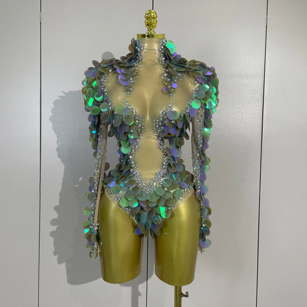 Women Sexy Mesh Stretch Bodysuits Sparkly Rhinestones Colorful Sequins Eveing Birthday Party Nightclub Bar Singer Stage Costume