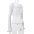 Fungus Trim 2Piece Sets Female Long Sleeve Straps Square Collar Tops+Tierred Short Skirts Elastic Waist Matching Suit