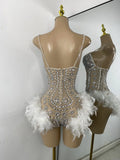 Luxury Women Sexy Shiny Crystal Feathers Hollow Out Bodysuit Nightclub Performance Dance Costume Nightclub Singer Stage Wear