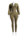 Washed Distressed Jumpsuit Women Ribbed V-Neck Solid SKinny Long Sleeve Fall Casual Trend Simple Activity Streetwear