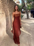 Brown Glitter Chiffon Tiered Maxi Dress Elegant One Shoulder Square Neck Flowy dresses 2026 Summer Formal Wedding  Party gowns