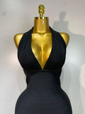 Women Sexy Halter Neck Ruffles Pacthwork Bandage Dress Black Sleeveless Backless Bodycon Dresses Evening Party Birthday Gown