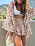 Casual Ruffle Women Two Piece Set V Neck Flare Sleeve Lace Top Short Skirt for Vacation Daily Wear Fashion Summer