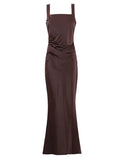 Sexy Satin Evening Long Dresses for Women Square Collar Sleeveless High Waist Folds Slimming Bodycon Dress Female