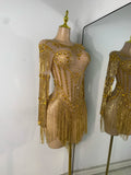 Sparkly Rhinestones Fringes Tight Bodysuit Women Sexy Mesh See Through Performance Stage Outfit Luxury Birthday Party Wear