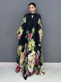 Printed Dress For Women Fashion O-neck Draped Lace Up Waist A-line Casual Vestido Robe Female Autumn