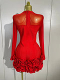 Sexy 3D Red Black Rose Flowers Mesh Long Sleeve Bandage Mini Dress Evening Prom Birthday Party Photo Shoot Cocktail Party Dress